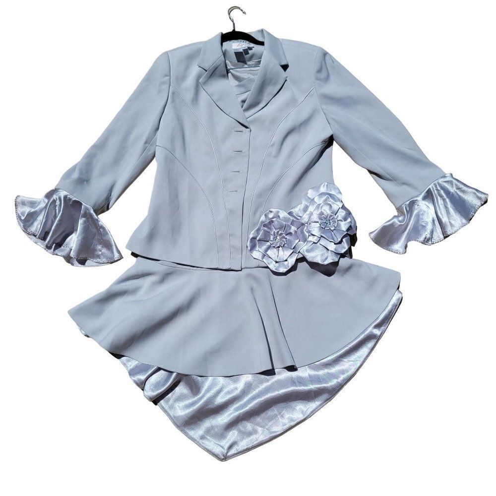 Vintage Lisa Rene Skirt Set 12 Gray Silver‎ Satin Ruffle Bell High-low Trumpet